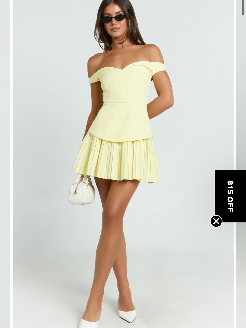 Showpo Off-Shoulder Pleated Mini Dress in Pale Yellow (New Without Tags)